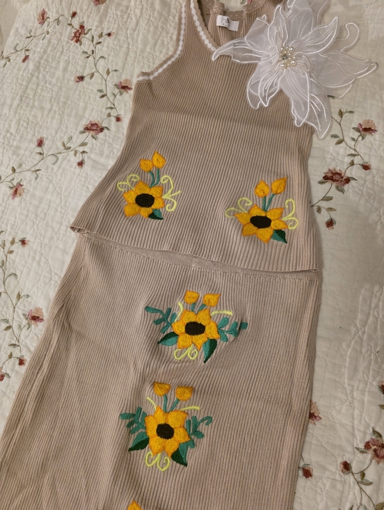 MEXICANA Other - MEXICANA Beige Ribbed Two-Piece Set with Yellow Sunflower Embroidery